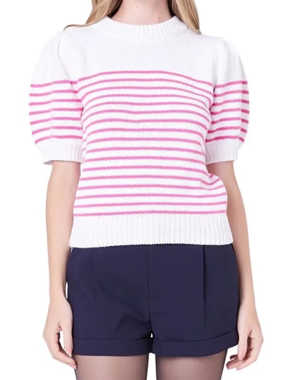 ENGLISH FACTORY White & Pink Striped Short-Sleeve Sweater Cotton Size Small
